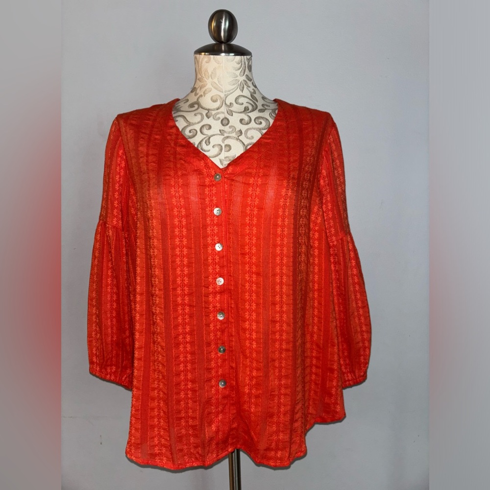 🆕 J. Jill Orange BoHo V-Neck Button Blouse Size Petite Medium.  #C